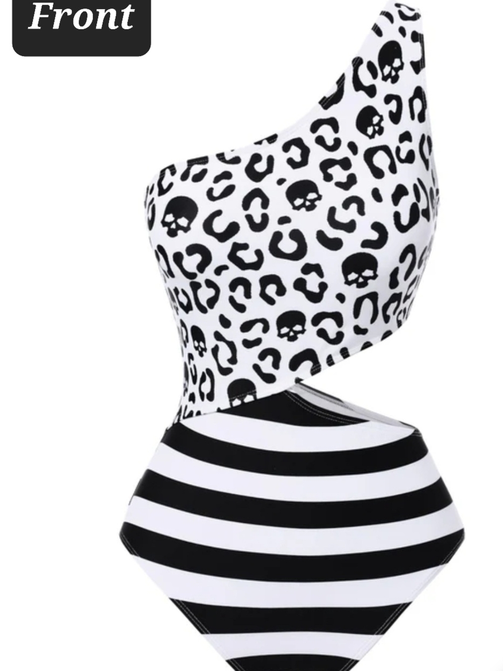 Black & White One-Shoulder Cut Out One-Piece Swimsuit - Skull, Leopard & Stripe